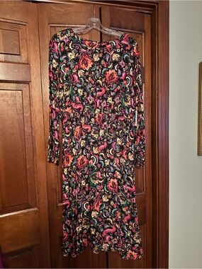 Long Sleeve Paisley Print Women’s Dress - Black with Pink & Orange PXL NWT